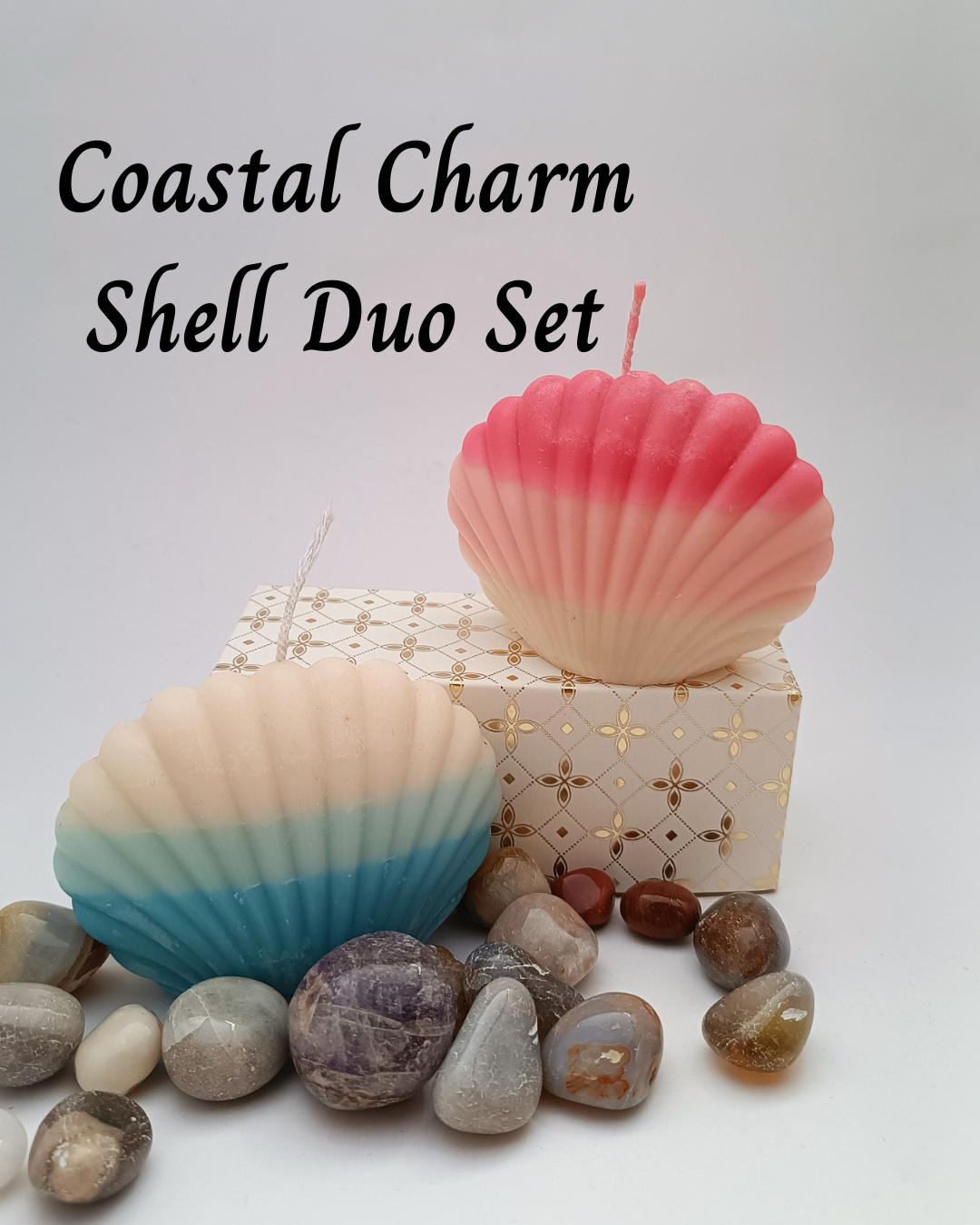 Maeve Essentials Coastal Charm Shell Duo – Handcrafted Scented Candles (Set of 2) | 100% Soy Wax | Ombre Seashell Design | Ocean & Floral Fragrances | Eco-Friendly | Gift-Ready