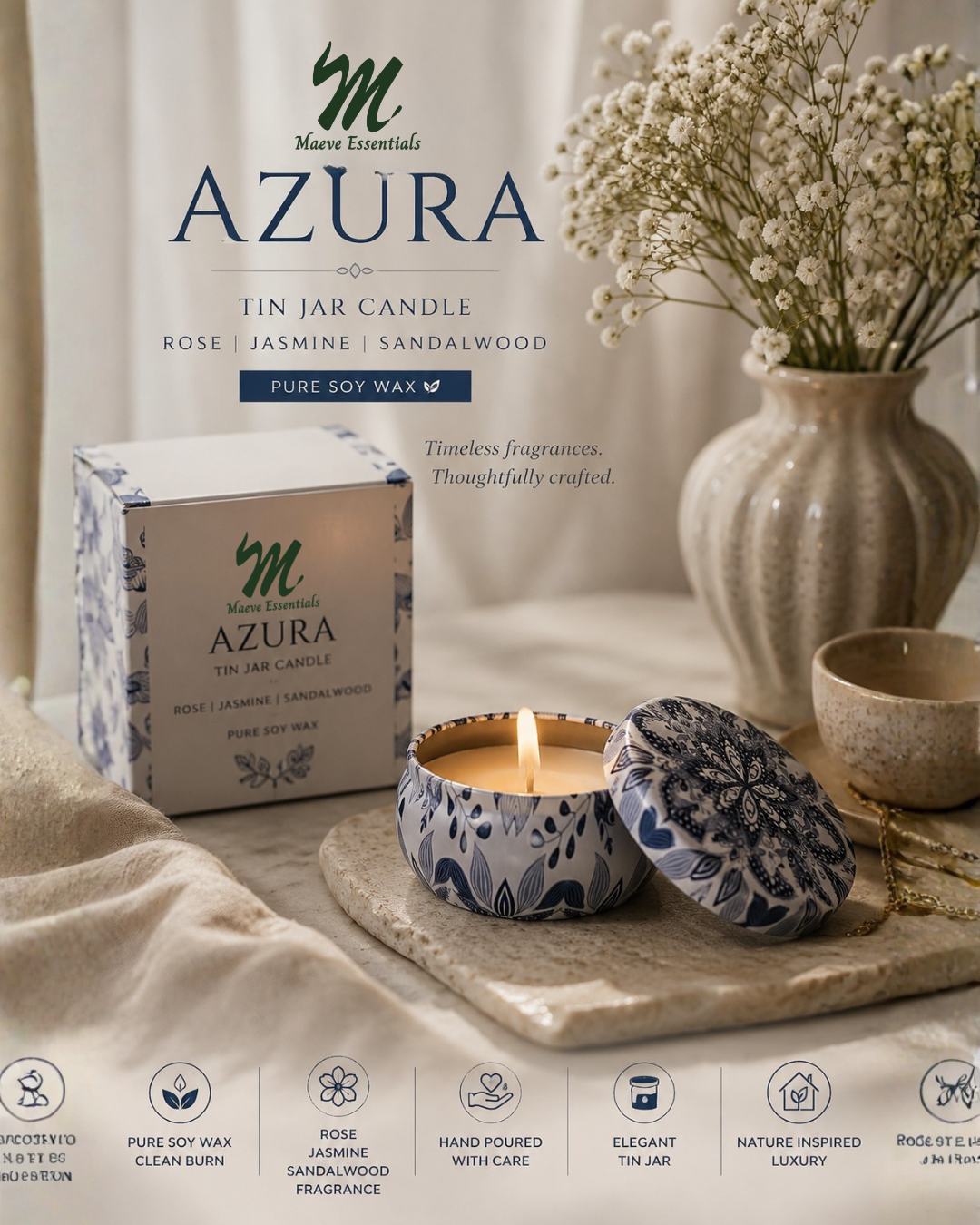 Maeve Essentials Azura Tin Jar Candle – Rose, Jasmine & Sandalwood | Pure Soy Wax